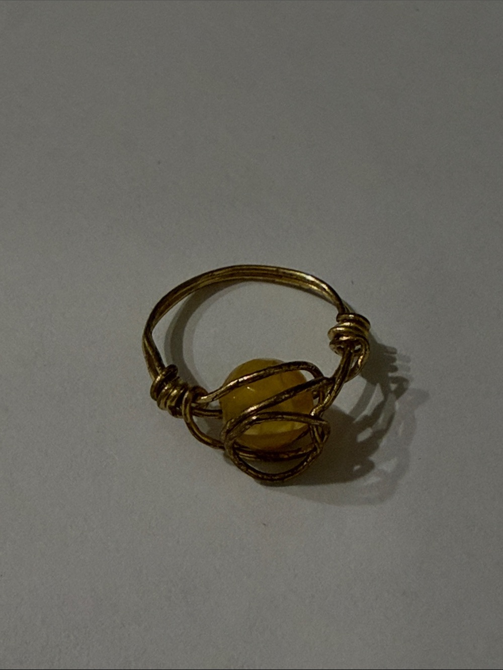 Gold Wire-Wrapped Ring with Yellow Bead
